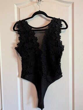 Black Lace Deep V Bodysuit